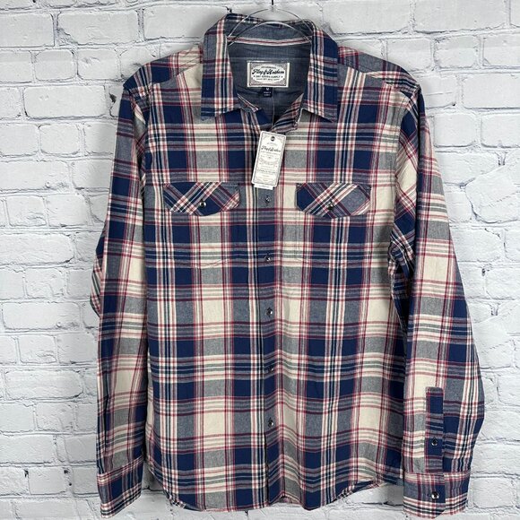 Flag & Anthem Men's Long Sleeve Cotton Western Plaid Shirt Size Medium, Navy/Red - Picture 3 of 13
